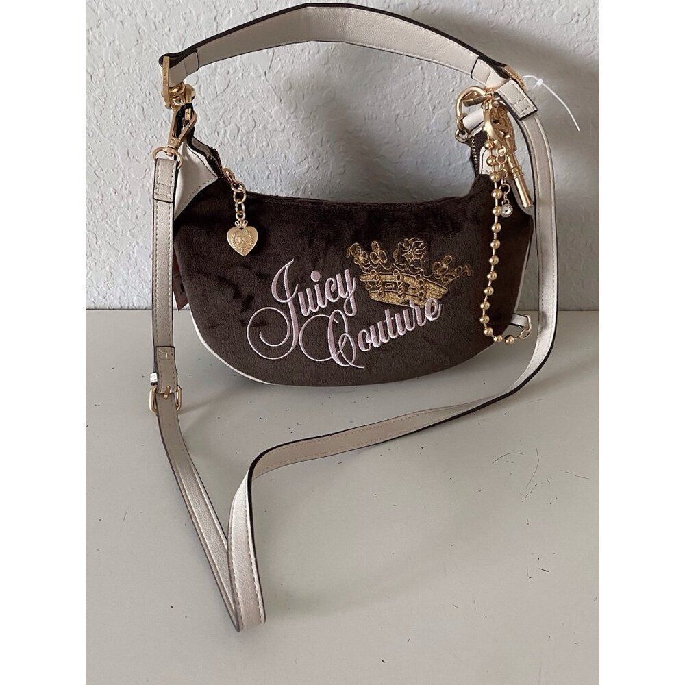 Juicy Couture Key To Juicy Velvet Crossbody Shoulder Bag Chocolate W/Charm Chain
